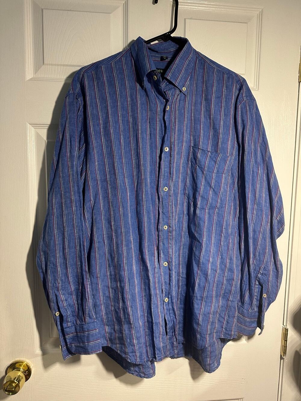 Jeff Rose Mens Linen Button Down Shirt Made in Italy Blue Red Stripes Sz Medium